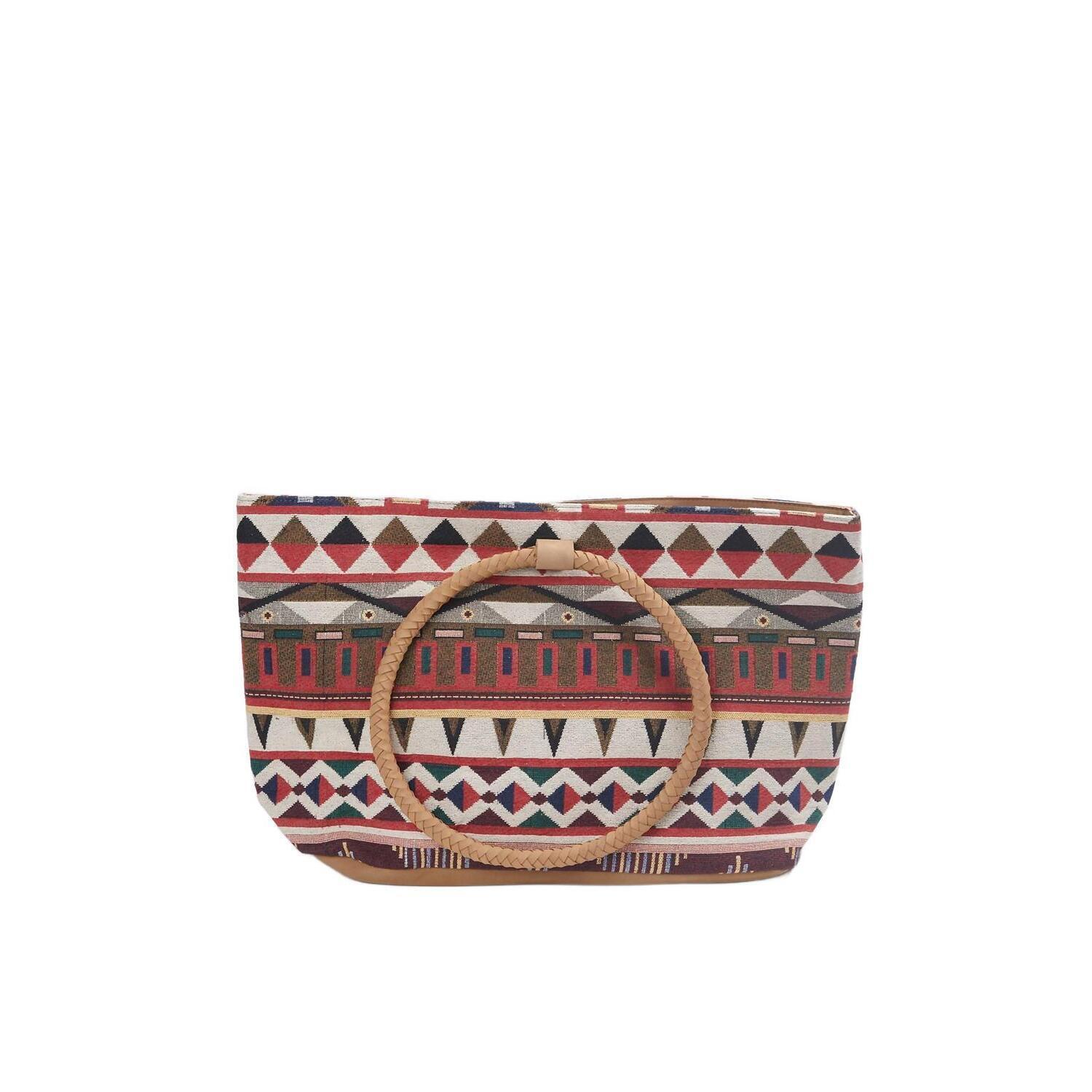 New Ethnique Tulum Handloom Leather Tote In Red